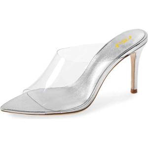 imageFSJ Women Transparent Peep Toe Thin High Heel Mules Slip on Sandals Slide Slippers Stiletto Clogs Shoes Size 415 USSilver