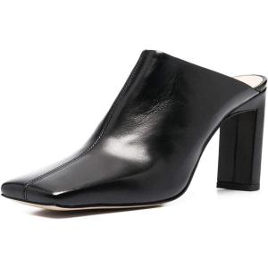 imageFSJ Women Closed Squared Toe Mules Slip On Chunky Mid High Heels Backless Sandals Summer Casual Nightclub Shoes Size 415 USBlack