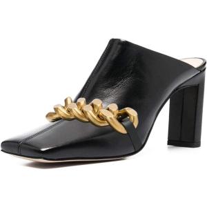 imageFSJ Women Closed Squared Toe Mules Slip On Chunky Mid High Heels Backless Sandals Summer Casual Nightclub Shoes Size 415 USBlack Gold
