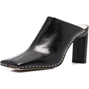 imageFSJ Women Closed Squared Toe Mules Slip On Chunky Mid High Heels Backless Sandals Summer Casual Nightclub Shoes Size 415 USBlack Nail