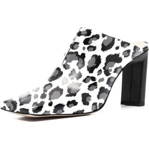 imageFSJ Women Closed Squared Toe Mules Slip On Chunky Mid High Heels Backless Sandals Summer Casual Nightclub Shoes Size 415 USCow