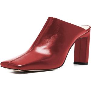 imageFSJ Women Closed Squared Toe Mules Slip On Chunky Mid High Heels Backless Sandals Summer Casual Nightclub Shoes Size 415 USRed