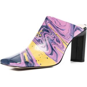 imageFSJ Women Closed Squared Toe Mules Slip On Chunky Mid High Heels Backless Sandals Summer Casual Nightclub Shoes Size 415 USStream