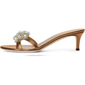 imageFSJ Women Comfy Low Kitten Heels Sandals Mules Open Toe Slip On Floral Rhinestones Backless Casual Dress Slipper Slides Shoes Size 415 USFlower Brown