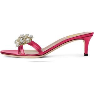 imageFSJ Women Comfy Low Kitten Heels Sandals Mules Open Toe Slip On Floral Rhinestones Backless Casual Dress Slipper Slides Shoes Size 415 USFlower Hot Pink