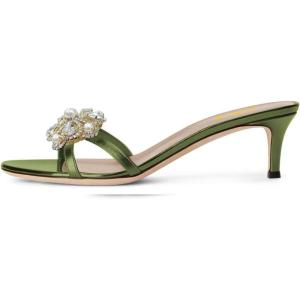 imageFSJ Women Comfy Low Kitten Heels Sandals Mules Open Toe Slip On Floral Rhinestones Backless Casual Dress Slipper Slides Shoes Size 415 USFlower Olive Green