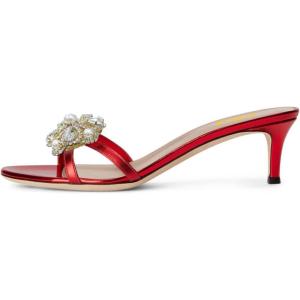 imageFSJ Women Comfy Low Kitten Heels Sandals Mules Open Toe Slip On Floral Rhinestones Backless Casual Dress Slipper Slides Shoes Size 415 USFlower Red