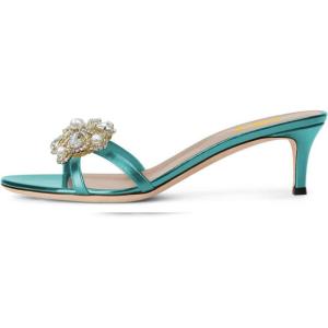 imageFSJ Women Comfy Low Kitten Heels Sandals Mules Open Toe Slip On Floral Rhinestones Backless Casual Dress Slipper Slides Shoes Size 415 USFlower Turquoise