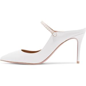 imageFSJ Women Cute Slip On Mules Pointed Toe Pumps Stiletto Heels Mary Jane Sandals Shoes Size 415 USWhite