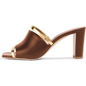 imageFSJ Women Open Peep Toe High Heel Slide Sandals Backless Slip on Clog Mules Gold Band Casual Shoes Size 415 USBrown