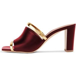 imageFSJ Women Open Peep Toe High Heel Slide Sandals Backless Slip on Clog Mules Gold Band Casual Shoes Size 415 USWine Red