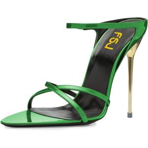 imageFSJ Women Sexy Open Pointed Toe Glossy Mules Stiletto High Heel Slip On Party Evening Dress Ladies Shoes Size 415 USGreen