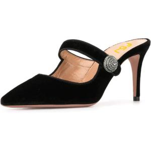 imageFSJ Women Vintage Slip on Pumps Mules Slide Slipper Velvet Pointed Toe High Heel Single Ankle Strap Backless Sandals Ladies Dress Shoes with Studded Rhinestones Button Size 415 USBlack