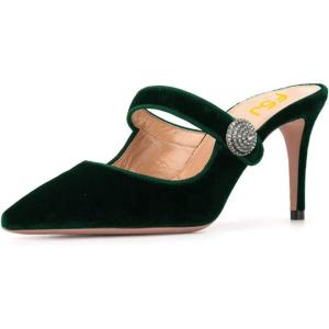 imageFSJ Women Vintage Slip on Pumps Mules Slide Slipper Velvet Pointed Toe High Heel Single Ankle Strap Backless Sandals Ladies Dress Shoes with Studded Rhinestones Button Size 415 USDark Green