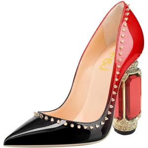 imageFSJ Women Bridal Pointed Toe Chunky Block High Heel Crystal Pumps Slip on Wedding Thick Comfort Evening Dress Studded Rivets Shoes Size 416 USRed Gradient