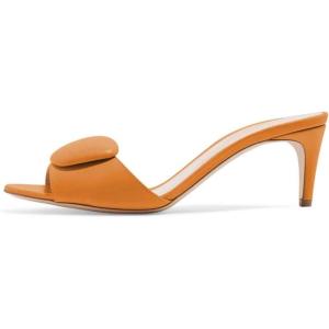imageFSJ Women Casual Peep Toe Thin Mid Heels Backless Summer Sandals Slide On Mules Shoes Size 415 USOrangeleather