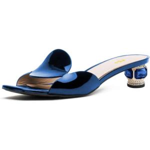 imageFSJ Women Square Open Toe Heeled Sandals Comfortable Mules Crystal Low Chunky Block Heel Slides Backless Slip On Slippers Shoes Size 416 USBlue