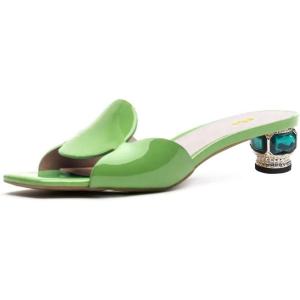 imageFSJ Women Square Open Toe Heeled Sandals Comfortable Mules Crystal Low Chunky Block Heel Slides Backless Slip On Slippers Shoes Size 416 USGreen