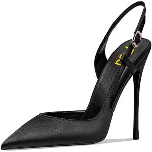 imageFSJ Women Sexy Pointed Toe DOrsay High Heel Slingback Pumps Sandals Cutout Strappy Stiletto Slip On Formal Shoes Size 415 USBlack Satin