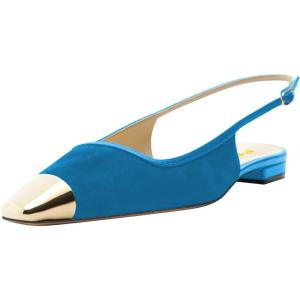 imageFSJ Women Slingback Flats Square Closed Toe Shiny Two Toned Flats Sandals Slip On Block Low Heel Comfort Office Work Date Fashion Dressy Shoes Size 416 USBlue