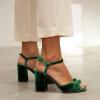 imageFSJ Women Velvet Heeled Sandals Ankle Strap High Block Open Toe Dress Pumps Chunky Heel Double Knot Bridal Wedding Dress Shoes Size 416 USEmerald Green