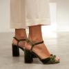 imageFSJ Women Velvet Heeled Sandals Ankle Strap High Block Open Toe Dress Pumps Chunky Heel Double Knot Bridal Wedding Dress Shoes Size 416 USOlive Green