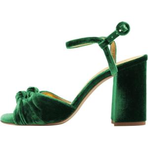 imageFSJ Women Velvet Heeled Sandals Ankle Strap High Block Open Toe Dress Pumps Chunky Heel Double Knot Bridal Wedding Dress Shoes Size 416 USEmerald Green