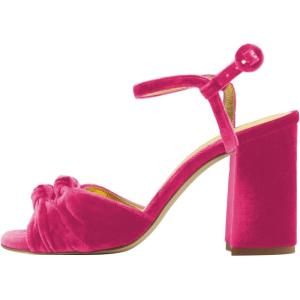 imageFSJ Women Velvet Heeled Sandals Ankle Strap High Block Open Toe Dress Pumps Chunky Heel Double Knot Bridal Wedding Dress Shoes Size 416 USPink