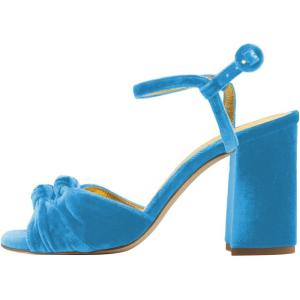 imageFSJ Women Velvet Heeled Sandals Ankle Strap High Block Open Toe Dress Pumps Chunky Heel Double Knot Bridal Wedding Dress Shoes Size 416 USSky Blue