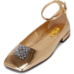 imageFSJ Women Ballet Flats Square Toe Ankle Strap Low Heel Flats with Rhinestone Flower Comfortable Casual Dress Shoes Size 415 US