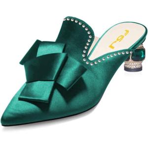 imageFSJ Women Retro Crystal Rhinestone Heeled Mules Pointed Toe Bows Slide Sandals Backless Emerald Bridal Wedding Dress Shoes Size 415 US