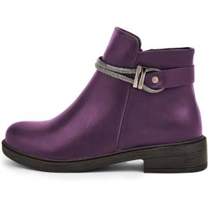 imageFSJ Women Fashion Round Toe Ankle Boots Block Chunky Low Heel Bootie Rhinestone Chain Side Zipper Casual Walking Shoes Size 415 USPurple