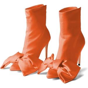 imageFSJ Women Chic Bowknot Pointed Toe Stiletto High Heel Ankle Boots Back Zipper Casual Walking Ladies Shoes Size 415 USOrange