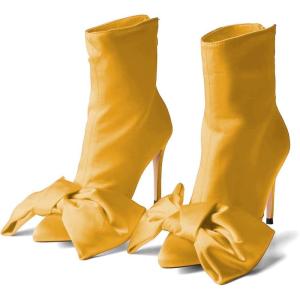 imageFSJ Women Chic Bowknot Pointed Toe Stiletto High Heel Ankle Boots Back Zipper Casual Walking Ladies Shoes Size 415 USYellow
