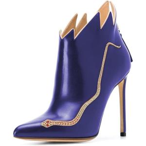 imageFSJ Women Fashion Ankle Boots Pumps Sexy Stiletto High Heel Color Rhinestones Closed Pointed Toe Rhinestone Booties Zipper Shoes Size 415 USBlue