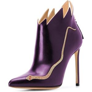 imageFSJ Women Fashion Ankle Boots Pumps Sexy Stiletto High Heel Color Rhinestones Closed Pointed Toe Rhinestone Booties Zipper Shoes Size 415 USPurple