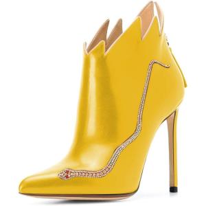 imageFSJ Women Fashion Ankle Boots Pumps Sexy Stiletto High Heel Color Rhinestones Closed Pointed Toe Rhinestone Booties Zipper Shoes Size 415 USYellow