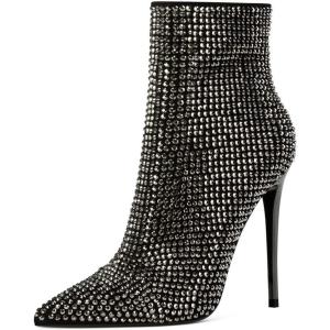 imageFSJ Women Fashion High Heel Ankle Boots with Rivets Closed Pointed Toe Stilettos Zipper Unique Style Shoes Size 415 M USBlack Beads
