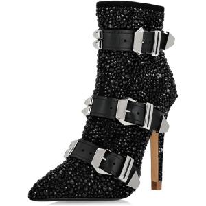 imageFSJ Women Fashion High Heel Ankle Boots with Rivets Closed Pointed Toe Stilettos Zipper Unique Style Shoes Size 415 M USBlack Belt