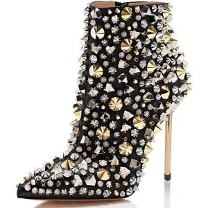 imageFSJ Women Fashion High Heel Ankle Boots with Rivets Closed Pointed Toe Stilettos Zipper Unique Style Shoes Size 415 M USBlack Rivets