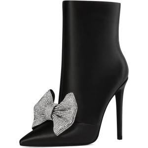 imageFSJ Women Fashion High Heel Ankle Boots with Rivets Closed Pointed Toe Stilettos Zipper Unique Style Shoes Size 415 M USBlack Satin Bow