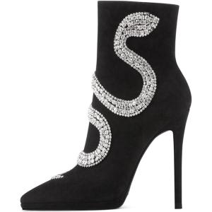 imageFSJ Women Fashion High Heel Ankle Boots with Rivets Closed Pointed Toe Stilettos Zipper Unique Style Shoes Size 415 M USBlack Snake Crystal