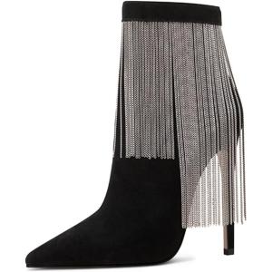 imageFSJ Women Fashion High Heel Ankle Boots with Rivets Closed Pointed Toe Stilettos Zipper Unique Style Shoes Size 415 M USBlack Tassels