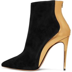 imageFSJ Women Fashion High Heel Ankle Boots with Rivets Closed Pointed Toe Stilettos Zipper Unique Style Shoes Size 415 M USBlackgolden Heel