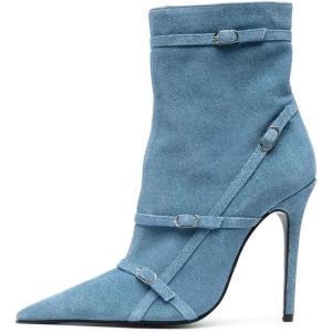 imageFSJ Women Fashion High Heel Ankle Boots with Rivets Closed Pointed Toe Stilettos Zipper Unique Style Shoes Size 415 M USBlue Denim