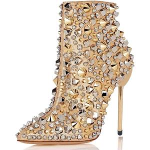 imageFSJ Women Fashion High Heel Ankle Boots with Rivets Closed Pointed Toe Stilettos Zipper Unique Style Shoes Size 415 M USGold