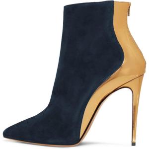 imageFSJ Women Fashion High Heel Ankle Boots with Rivets Closed Pointed Toe Stilettos Zipper Unique Style Shoes Size 415 M USNavy Golden Heel
