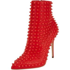 imageFSJ Women Fashion High Heel Ankle Boots with Rivets Closed Pointed Toe Stilettos Zipper Unique Style Shoes Size 415 M USRed