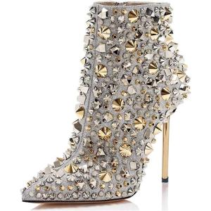 imageFSJ Women Fashion High Heel Ankle Boots with Rivets Closed Pointed Toe Stilettos Zipper Unique Style Shoes Size 415 M USSilver Rivets