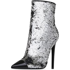 imageFSJ Women Fashion High Heel Ankle Boots with Rivets Closed Pointed Toe Stilettos Zipper Unique Style Shoes Size 415 M USSilver Sequins